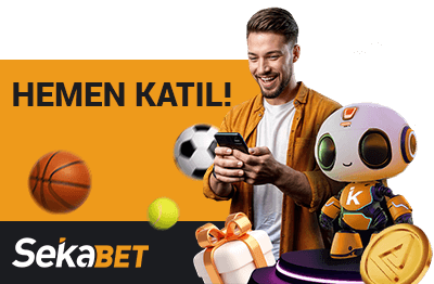 sekabet logosu, toplar, elinde telefon tutan adam, robot, hediye paketi bulunan hemen katıl butonu